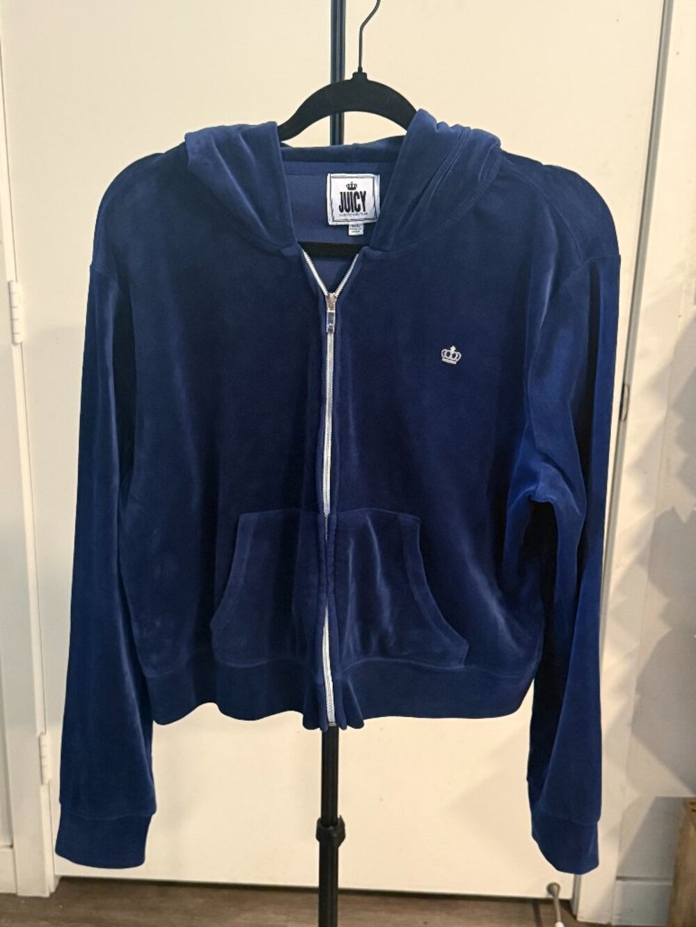 Juicy Couture Navy Blue Velour Zip Up Hoodie XL Crown Logo Y2K